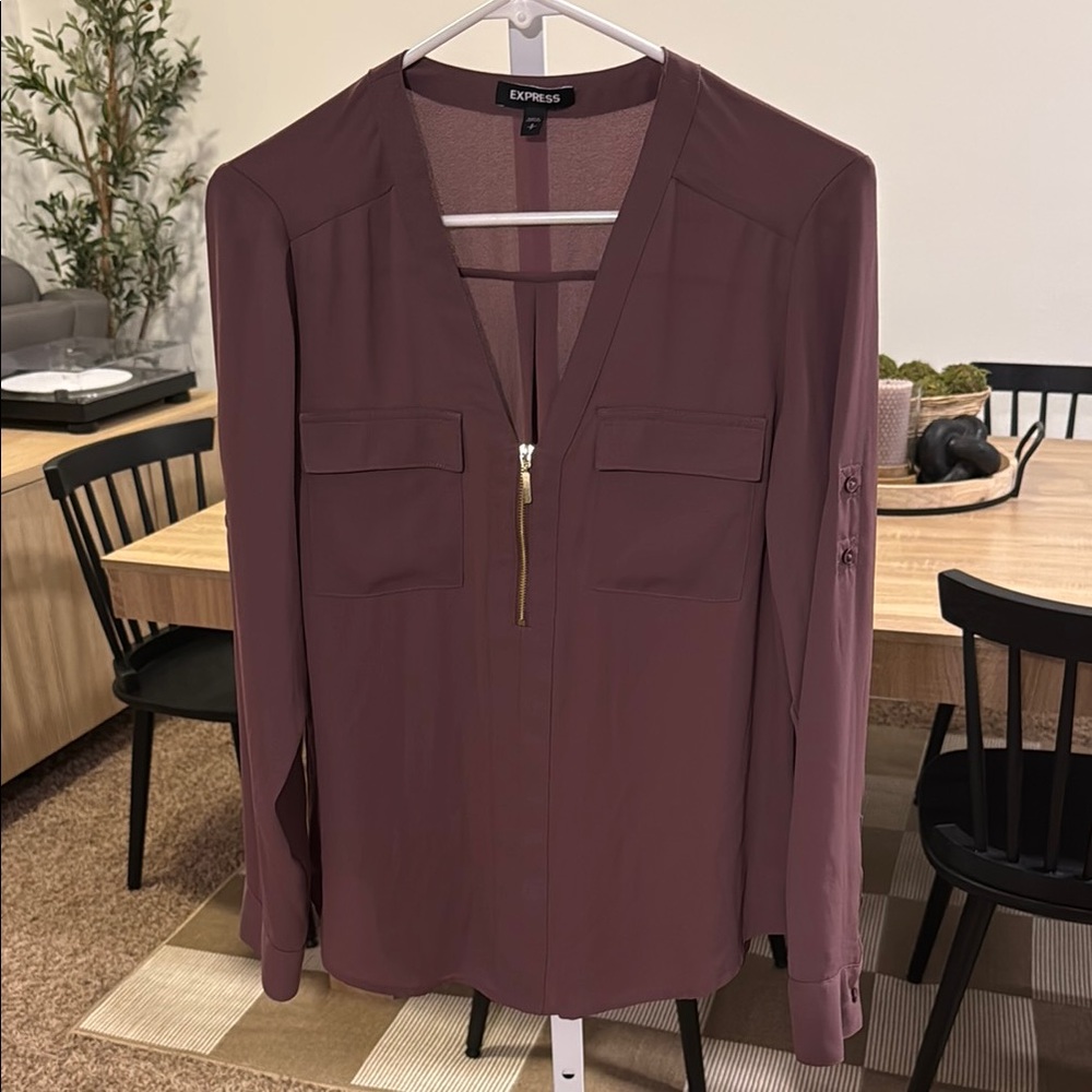 Express Dusty Rose Blouse V-Neck semi sheer Lightweight